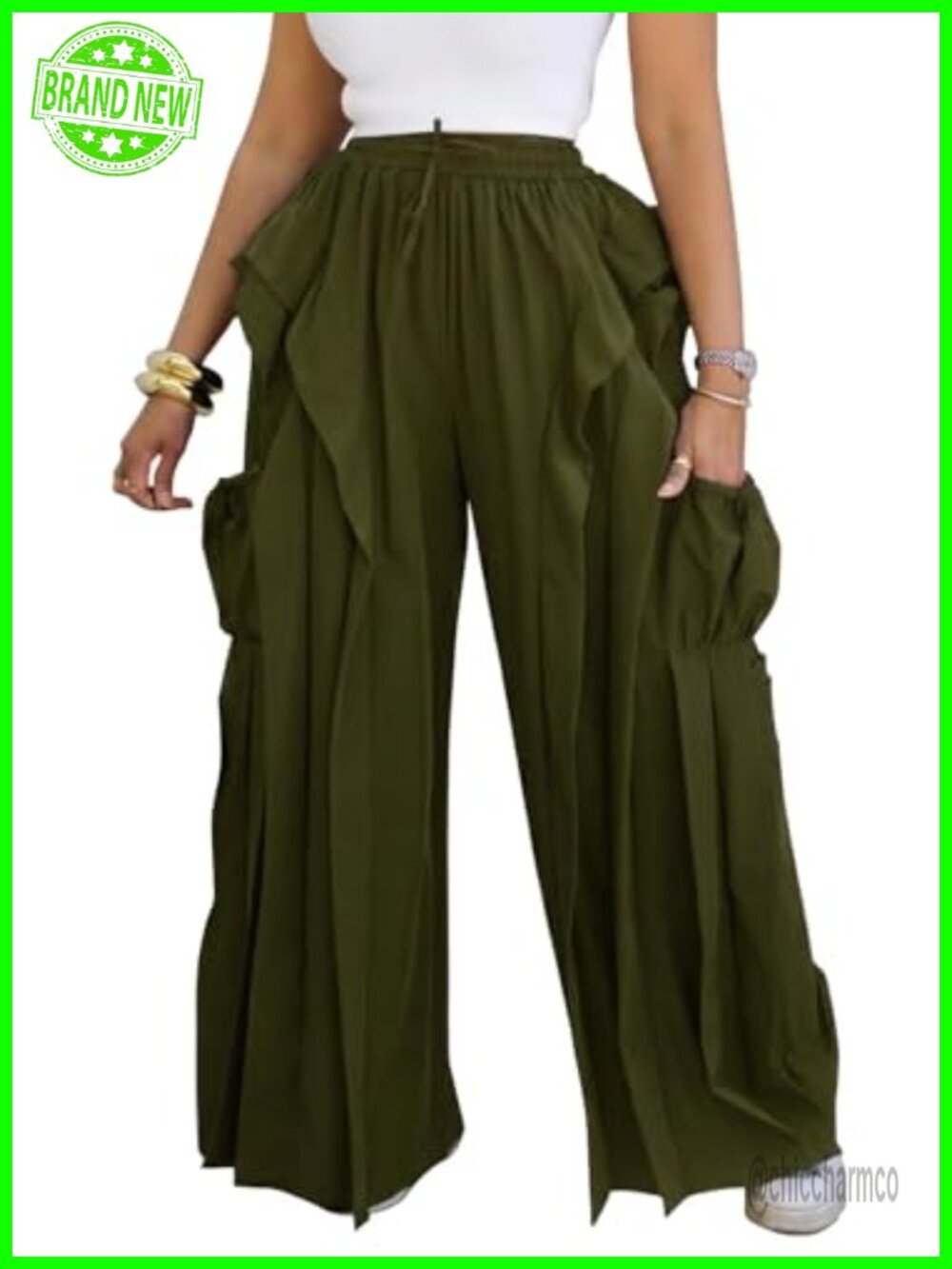 Women's Ruffle Pleated Wide Leg Parachute Cargo Pants High Waisted Baggy